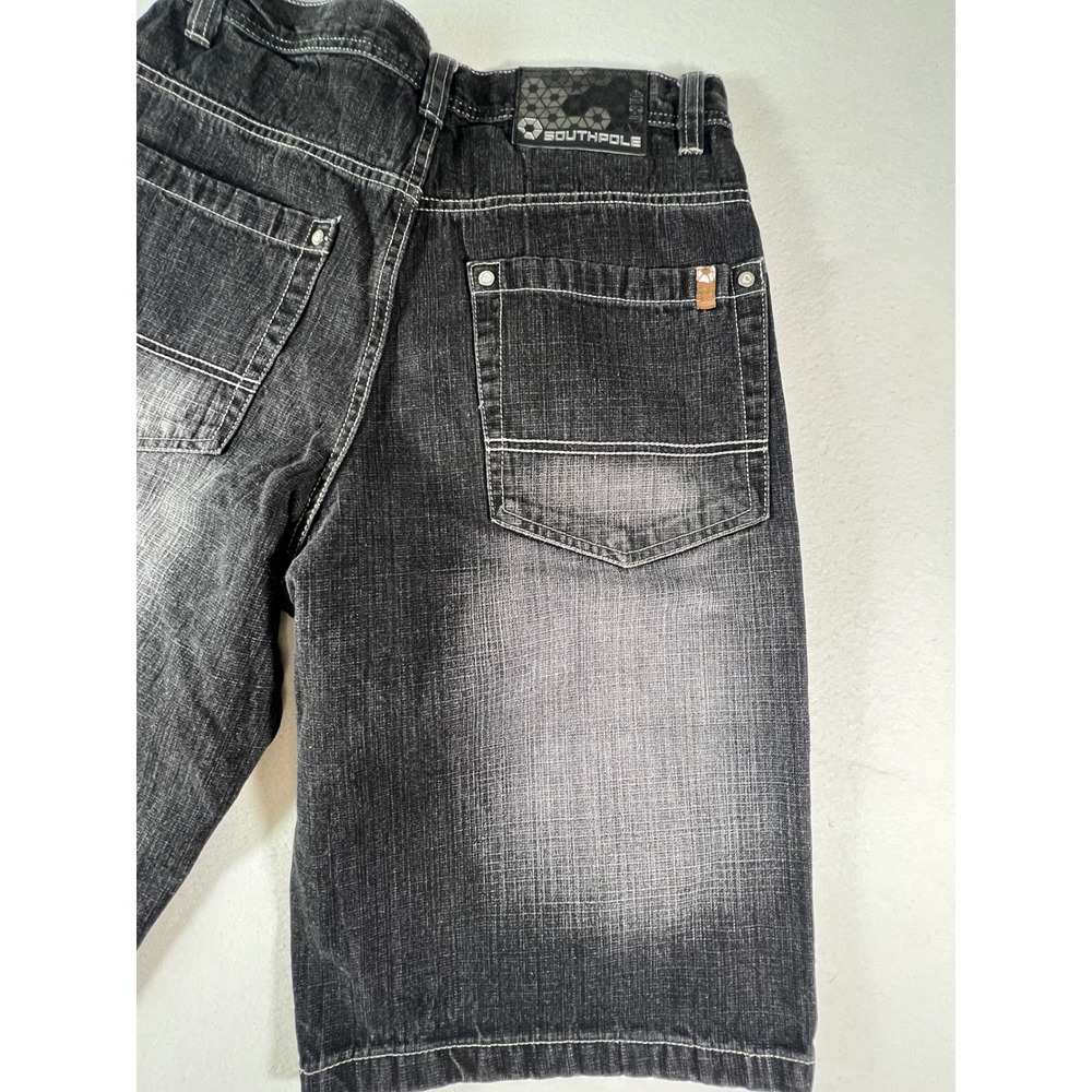 Southpole Mens Baggy Denim Shorts 32 Faded Black Y2K Contrast Stitch Streetwear - Picture 7 of 9